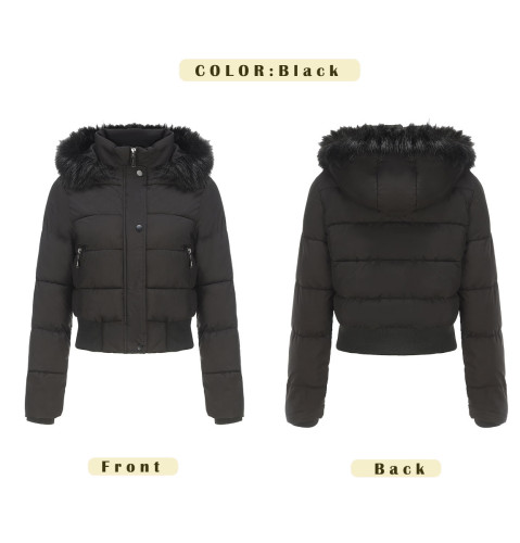 New detachable hat short style plush cotton jacket for women's autumn and winter warmth, long sleeves with hat hair, solid color thick coat 845