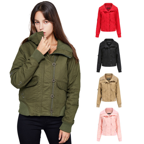 New style women's short cotton jacket for foreign trade, women's winter warmth jacket, women's high collar ribbed women's cotton jacket