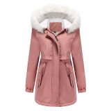 Women's winter plush cotton clothes, women's hooded detachable fur collar, long sleeved style overcoming