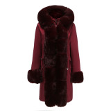 Winter new cotton jacket for women with detachable fur collar, medium length long sleeved style, overcoming solid color hooded warm cotton jacket