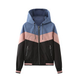 Women's thin windbreaker, women's spring and autumn hooded jacket, women's outdoor raincoat, color matching drawstring jacket