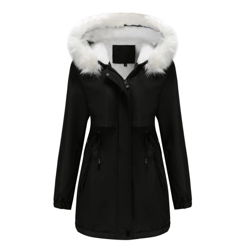 Women's winter plush cotton clothes, women's hooded detachable fur collar, long sleeved style overcoming