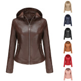 Women's Spring and Autumn Hooded Leather Coat Women's Detachable Hat Windproof Coat Short European Size Casual Jacket