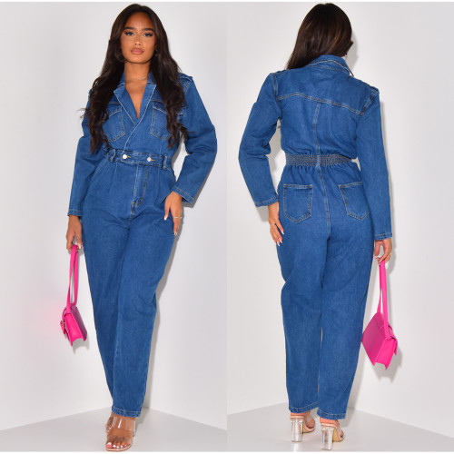 European and American style Amazon WISH women's clothing Instagram popular on the internet, same sexy suit collar denim jumpsuit in stock