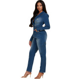 European and American style Amazon women's clothing Instagram popular same sexy suit collar double row button denim jumpsuit