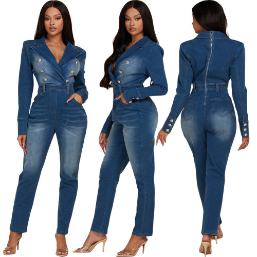 European and American style Amazon women's clothing Instagram popular same sexy suit collar double row button denim jumpsuit