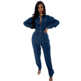 Foreign trade, European and American fashion, cross-border Amazon slim fit, elastic small foot wash, washed denim jumpsuit, jumpsuit