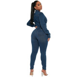 New AliExpress Amazon European and American sexy and fashionable long sleeved high elastic denim jumpsuit available for stock sale