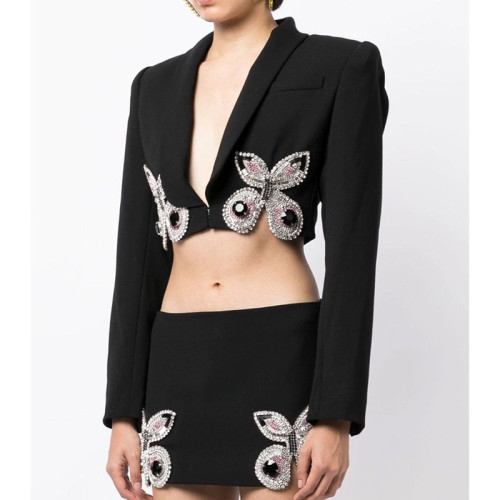 Autumn new high-end European and American diamond inlaid butterfly short suit short jacket skirt