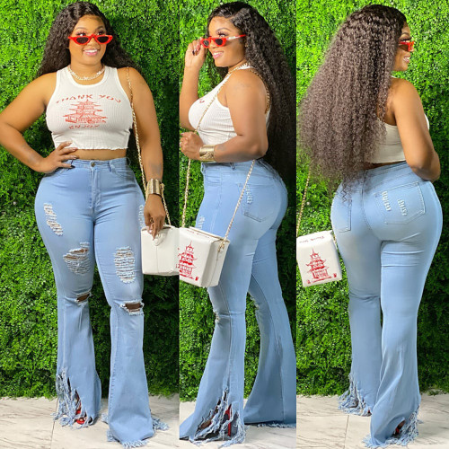 High quality fall new product ideas  solid color denim bodycon pants tassel wide leg pants ripped high waist women's jeans