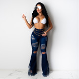 High quality fall new product ideas  solid color denim bodycon pants tassel wide leg pants ripped high waist women's jeans