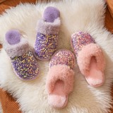 Lady's sequin fashion plush slippers home indoor fluffy slippers