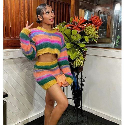Winter New Rainbow Sweater Set Women Contrast Mohair Knitwear Elastic Waist Skirt Outfit Female Two Pieces Skirt Suit