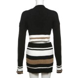 Winter  Print Long Sleeve High Waist Crop Tops and Skirts Sets for Women Sexy Knit Women Tracksuit Knit Sweater 2 Piece Sets