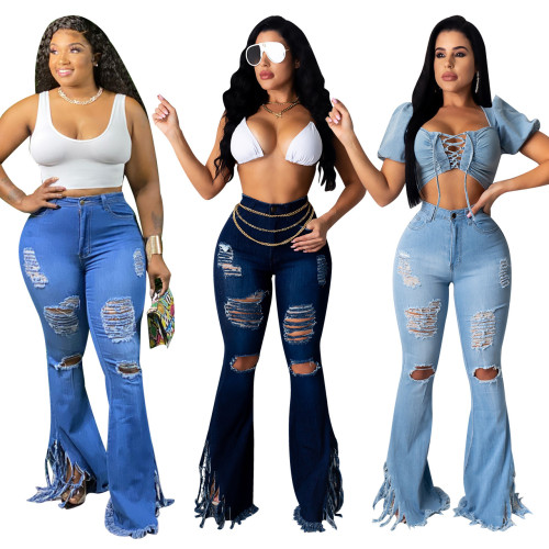 High quality fall new product ideas  solid color denim bodycon pants tassel wide leg pants ripped high waist women's jeans