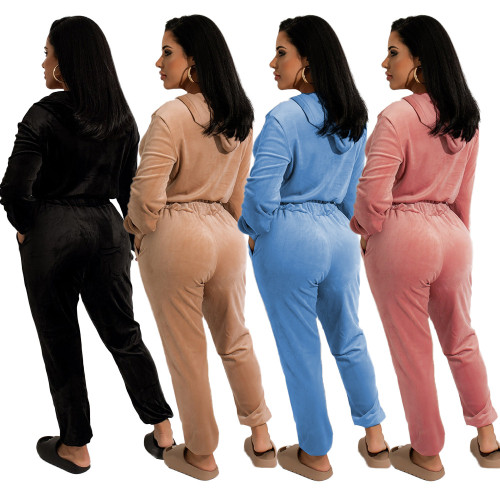 New Arrivals Matched Sexy Jumpsuit Long Sleeve Velvet Set Full Zipper Two Pockets Women Two Piece Set