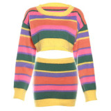 Winter New Rainbow Sweater Set Women Contrast Mohair Knitwear Elastic Waist Skirt Outfit Female Two Pieces Skirt Suit