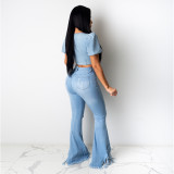 High quality fall new product ideas  solid color denim bodycon pants tassel wide leg pants ripped high waist women's jeans