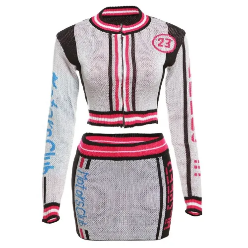 Crochet Letter Print Zip Sweater Tops+Waistband Skirts Casual Street Skinny Elastic Knit Outfits For Women 2 Piece Set