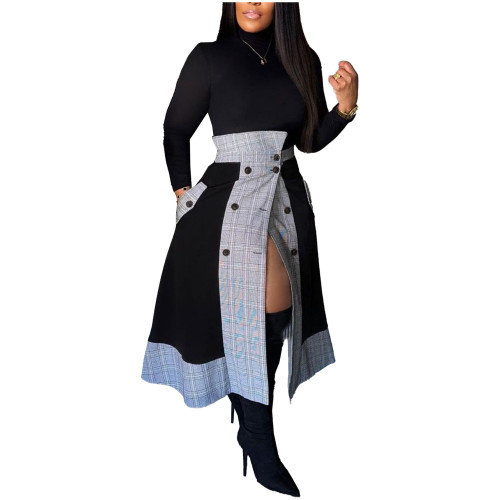 New Arrivals Fall Clothing Women Button Front Little Black Plaid Two Tone A Line Midi Skirt Suit Vintage 2 Piece Dress Set