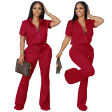Cross border Amazon independent website European and American women's spring/summer short sleeved zippered top set, flared pants casual two-piece set
