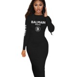 XS0010 European and American Amazon Fashion Brand Letter Printing Long sleeved Slim Fit Wrapped Hip Dress