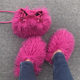 Fluffy Plush Fuzzy Faux Mongolian Fur Slippers Goat Fur Slides With Matching Purse Set