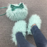 Fluffy Plush Fuzzy Faux Mongolian Fur Slippers Goat Fur Slides With Matching Purse Set