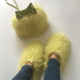 Fluffy Plush Fuzzy Faux Mongolian Fur Slippers Goat Fur Slides With Matching Purse Set