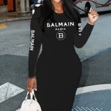 XS0010 European and American Amazon Fashion Brand Letter Printing Long sleeved Slim Fit Wrapped Hip Dress