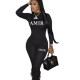 XS0011 European and American letter printed black casual minimalist fashion yoga fitness tight jumpsuit
