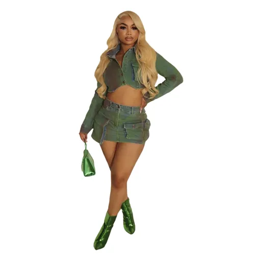 New European and American denim short skirt set F88534 in stock Amazon cross-border fashion denim spray painted elastic set