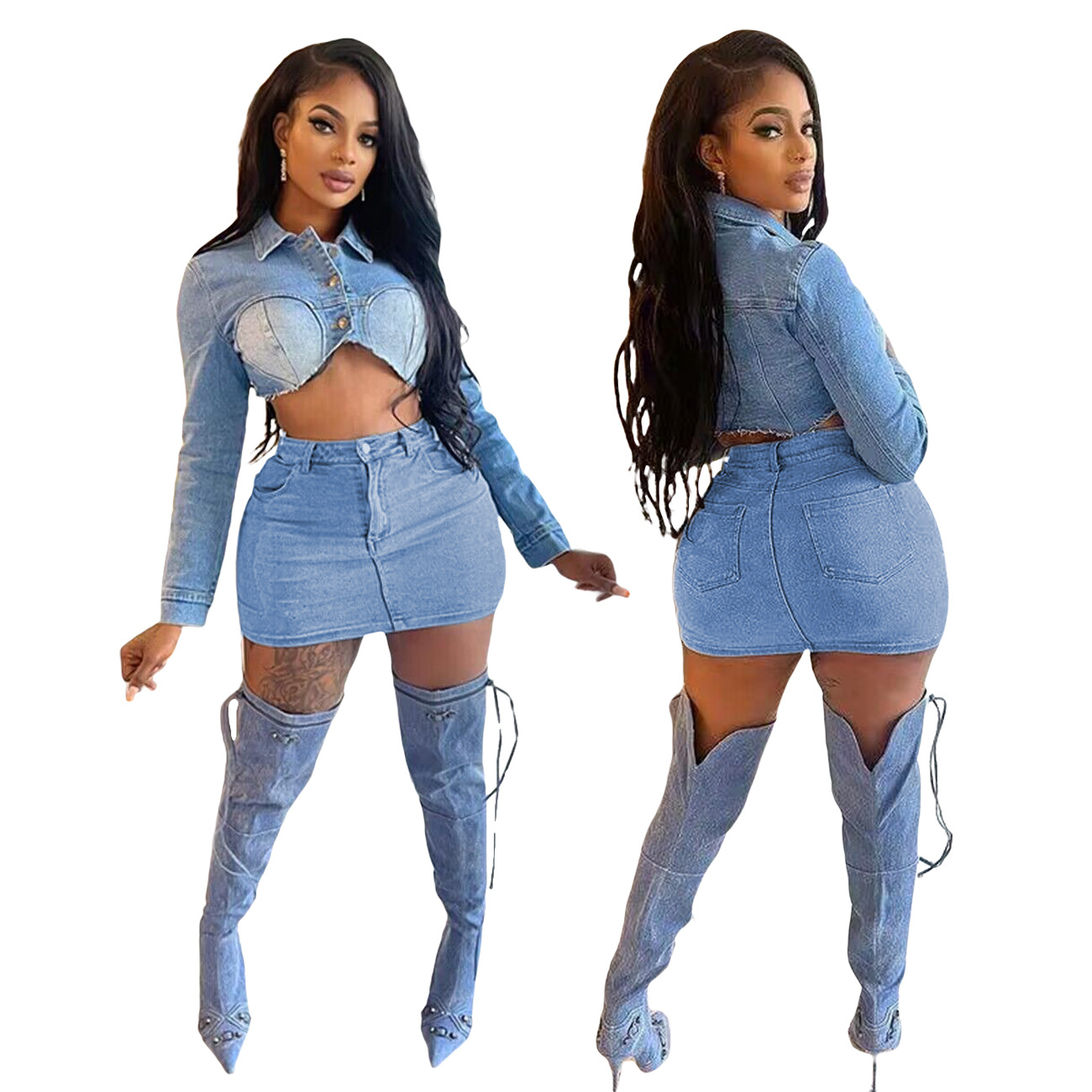 663. Denim Two-Piece Skirt Set with Gold Accents