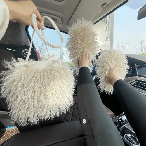 Fluffy Plush Fuzzy Faux Mongolian Fur Slippers Goat Fur Slides With Matching Purse Set