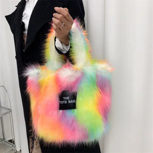 Winter  Multicolor Soft High Quality The Tote bags Fashion Warm Hats Faux Raccoon Fur Hat Bag  Women
