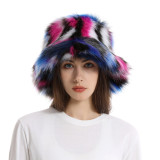 Women Warm Plush Knitted Hats Women Leopard Print Fisherman  Wide Brim Fluffy Bucket Hat Winter Faux Fur Bucket Hat
