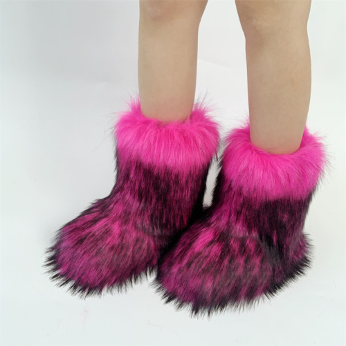 Hot Sale Large Winter Warm Furry Boots Middle Boots Thickened Faux Fur Raccoon Flat Sole Snow Boots Women Shoes