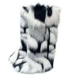 New Winter Fur One-piece Faux Raccoon Fur Female Snow Boots Fur Shoes Outdoor Knee-High Boots