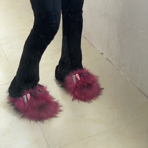 Spice Girl Metal Peep-toe Flip-Flops Platform Sandals Fake Fur Sexy Furry Ladies Home Shoes