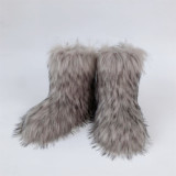 Hot Sale Large Winter Warm Furry Boots Middle Boots Thickened Faux Fur Raccoon Flat Sole Snow Boots Women Shoes