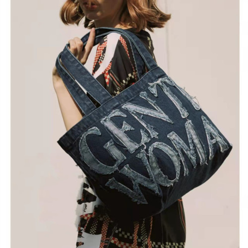 Designer Cool Large Capacity Embroidery Letters Shopping Bag Custom Denim Tote Travel Shoulder Bag