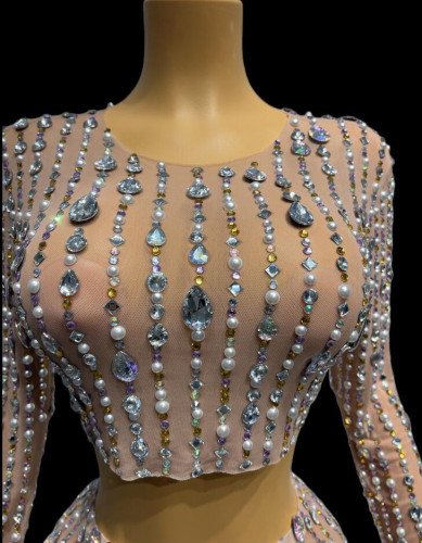 Novas Apricot Mesh Fabric Colorful Diamond Pearl embellishment Low Round Neck Long Sleeve Two piece Set Long Dress
