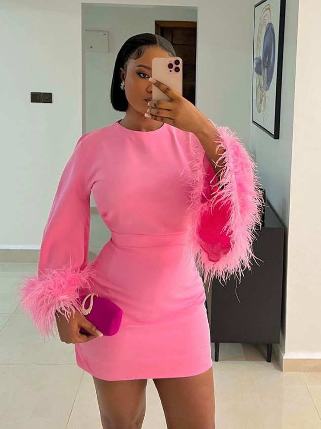 Foreign trade European and American style autumn new women's clothing elegant square necked ostrich hair long sleeved socialite light mature style dress