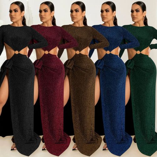X5909 Cross border Exclusive for Amazon's European and American Fashion New Product Long sleeved Lace Irregular Split Dress