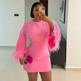 Foreign trade European and American style autumn new women's clothing elegant square necked ostrich hair long sleeved socialite light mature style dress