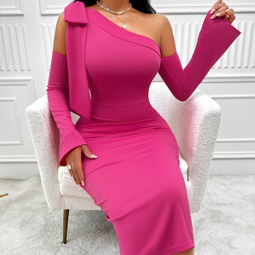 Independent Station Wish Winter Hot Selling Women's Wear New Solid Color Diagonal Neck Tie Up Waist Wrap Hip Long Sleeve Dress