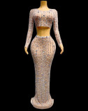 Novas Apricot Mesh Fabric Colorful Diamond Pearl embellishment Low Round Neck Long Sleeve Two piece Set Long Dress