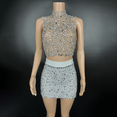 AliExpress Amazon Cross border Celebrity Same Style Water Diamond Mesh Sexy Tight Short Skirt Mini Dress Evening Dress