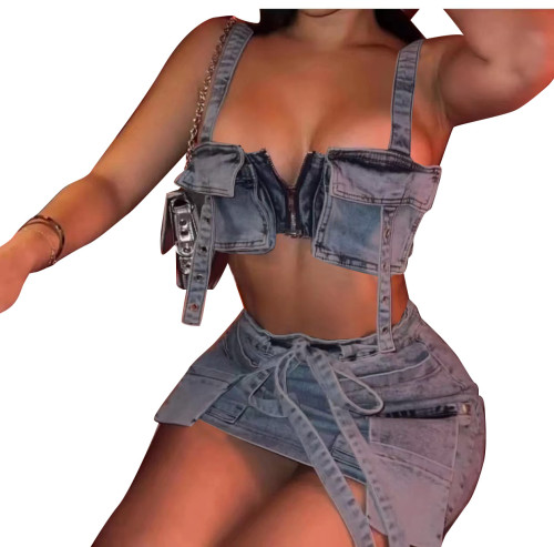 New denim strapless skirt set F88523 in stock Amazon cross-border spicy girl short 3D pocket strap skirt cover