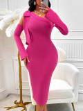 Independent Station Wish Winter Hot Selling Women's Wear New Solid Color Diagonal Neck Tie Up Waist Wrap Hip Long Sleeve Dress